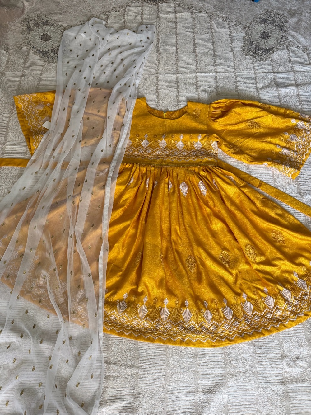 Mustard Yellow women Embroidered Party Dress with Sheer Dupatta